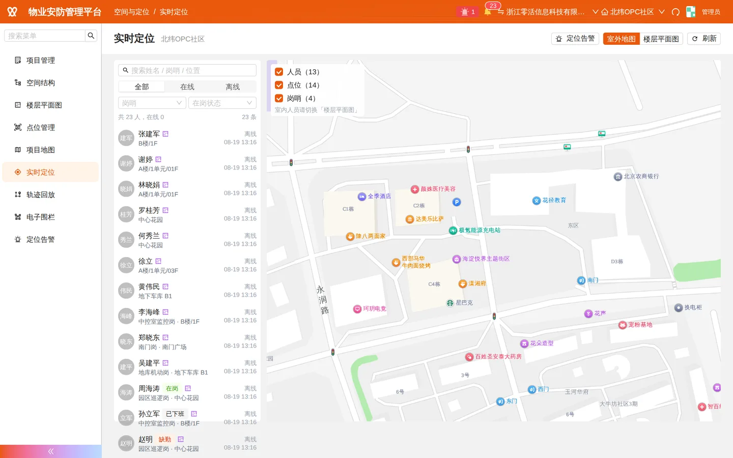 实时定位：在岗人员分布与当前位置列表